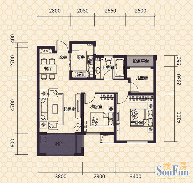 95平米小三房 经典户型图