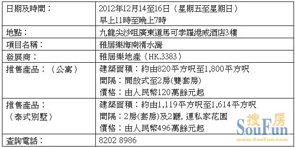 雅居樂海南清水灣2012年壓軸展銷會資料表 雅居樂海南清水灣2012年壓軸展銷會資料表