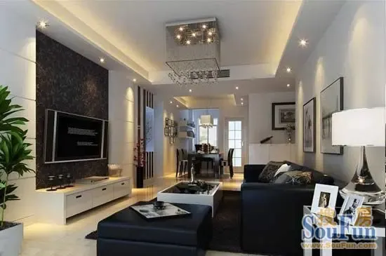 现代简约客厅装修+点评:设计师将客厅与书房合