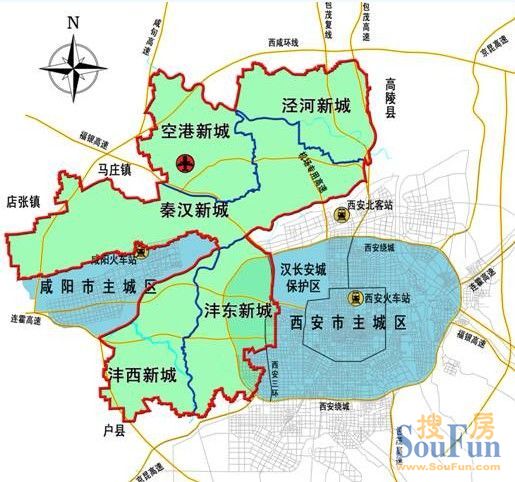 西咸新区位于西安,咸阳两市建成区之间,西起茂陵及涝河入渭口,东至包图片