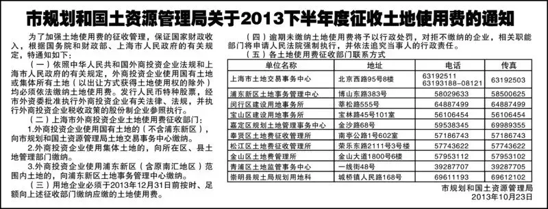 市规土局关于2013下半年度征收土地使用费的