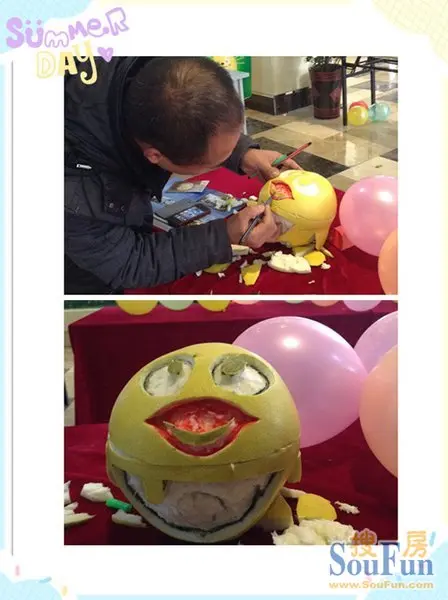 小动物的基本形状出来以后,他又细心的给柚子添上颜色