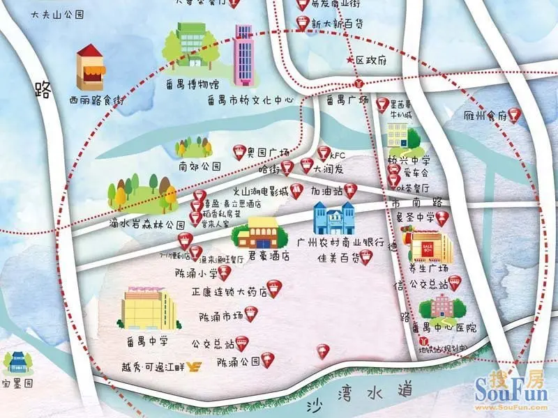 现在大范围的商业中心有奥园广场,荔园新天地,奥园养生广场,海伦堡