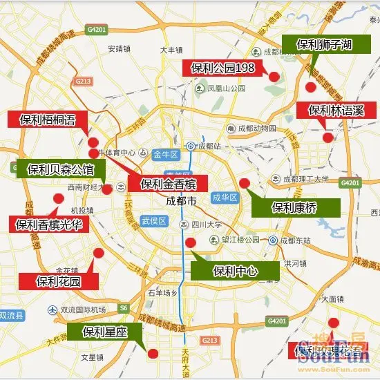保利部分项目成都布局图 来源:房天下 保利成都选址:钟爱环线  主干道