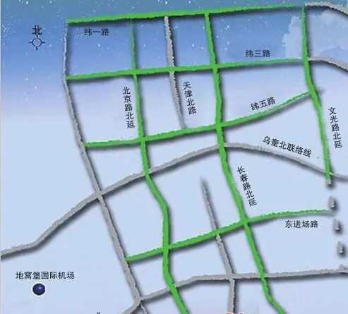 纬一路,纬三路,纬五路均西起乌五公路,东至米东区;东进场路西起北京路