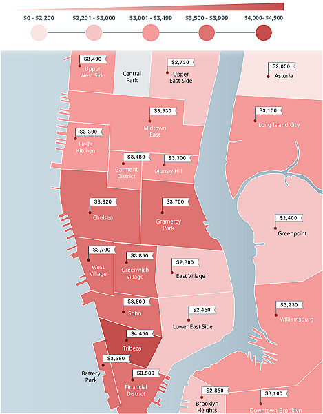 纽约曼哈顿及布鲁克林威廉斯堡地区租金地图