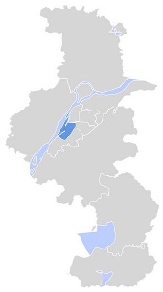 建邺区在南京市的位置(湖蓝色)