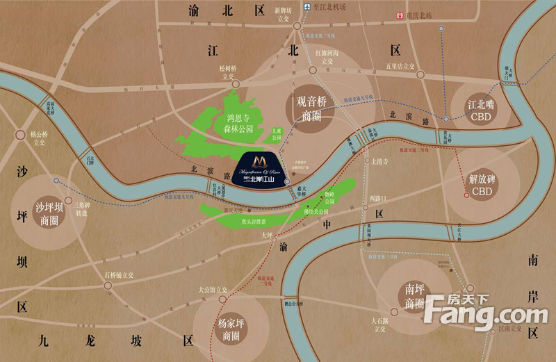 处于重庆市主城区五大商圈几何 ,北滨路嘉华大桥西侧,背靠鸿恩寺公园.图片