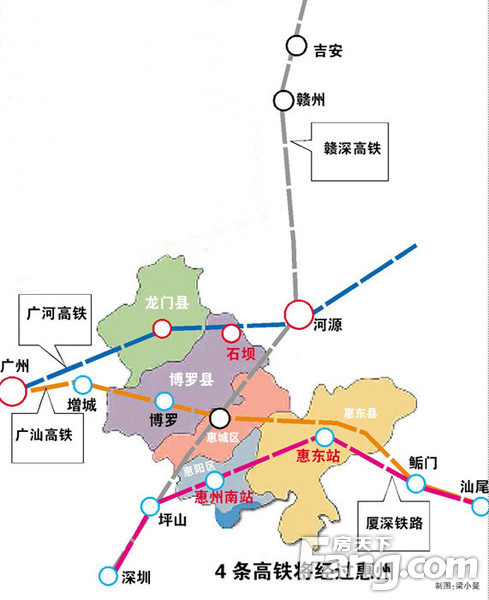 线路将接驳广深铁路,起于广州仙村站,经广州增城区,博罗县进入惠州市