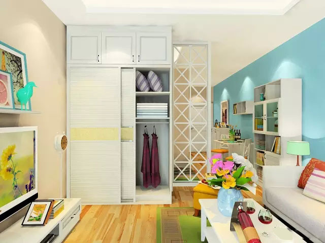 小型公寓里,用衣柜代替其他隔断柜,高效利用了空间