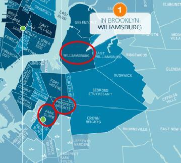 布鲁克林部分区域分布图  红圈为下文出现的主要地区