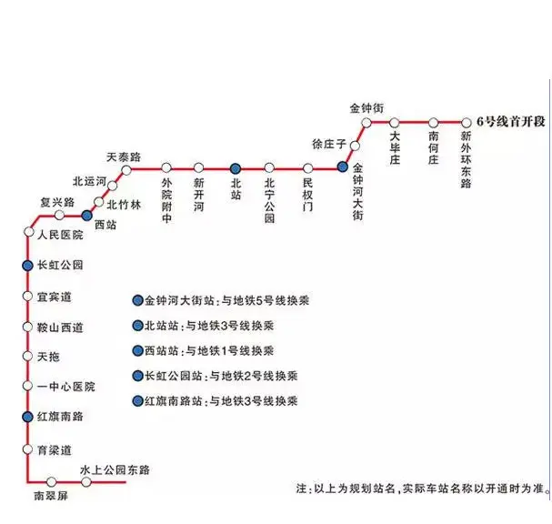 地铁6号线线路图规划 一期开通段线路图