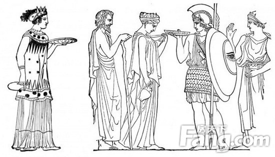 古希腊人的服装,通常由几块布料围住身体,再以胸针或扣结系固,形式