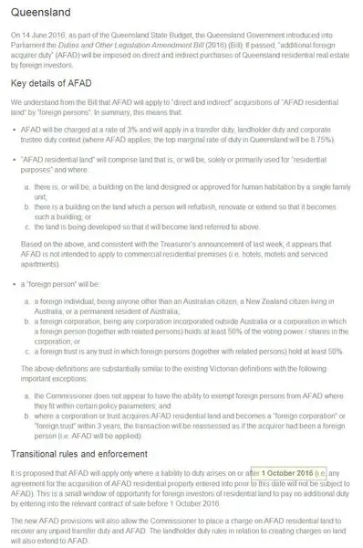 布里斯班房产印花税加税日期确定:2016年10月