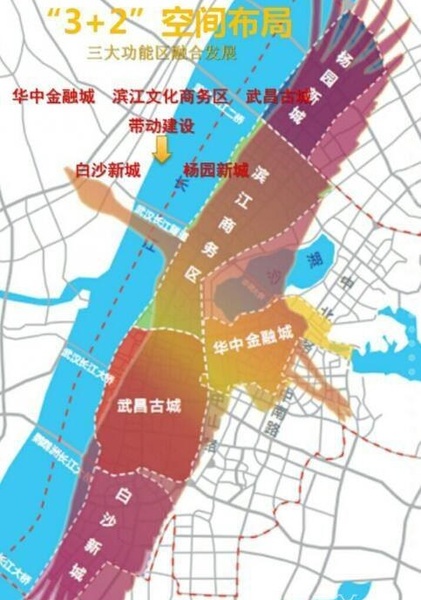 据新规划显示,武昌区将形成"3 2"空间布局:主打华中金融城,滨江文化