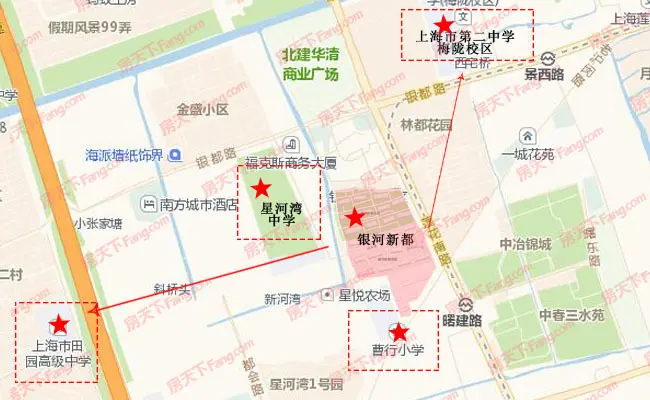 曹行小学,西面星河湾中学,在东北方向的银都路上有上海市第二中学梅陇