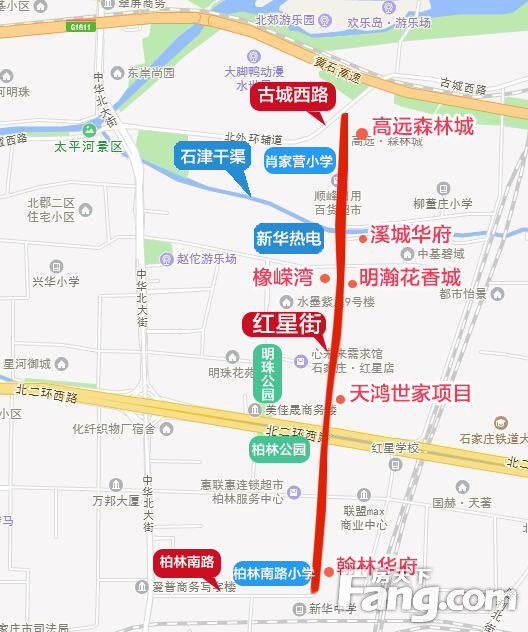 6公里,途经联盟路,北二环,赵佗路等主要道路,石津干渠也由红星街穿过.