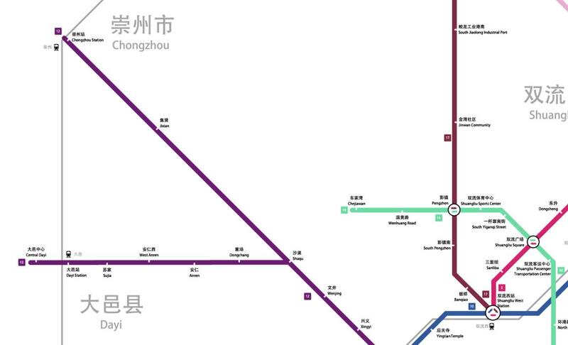 崇州市,大邑县地铁规划线路示意图(局部)邛崃市,浦江县地铁规划线路