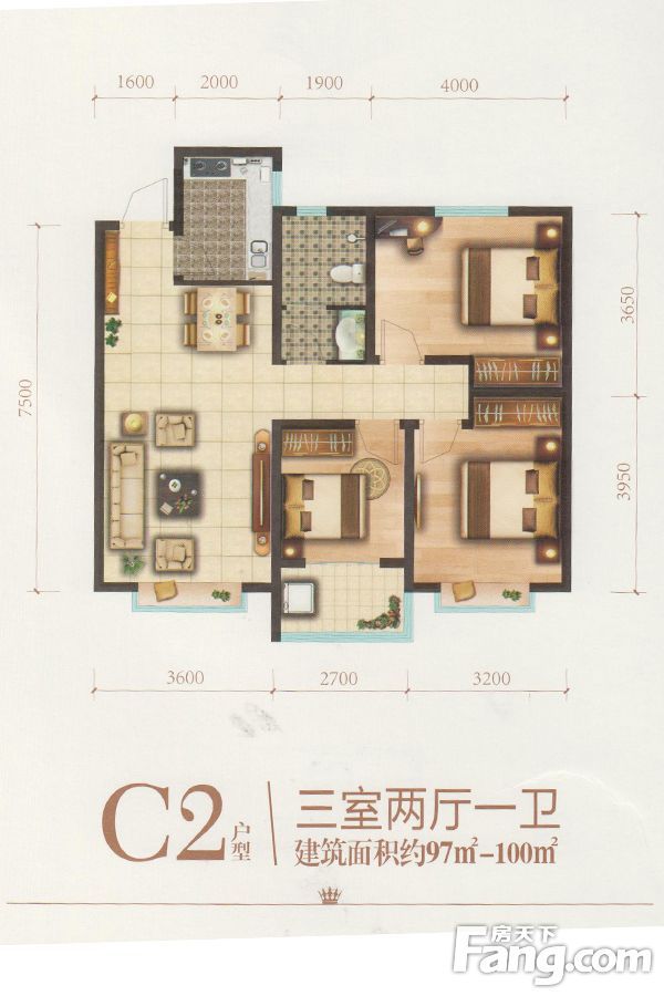 C2户型：建筑面积97-100㎡ 三室两厅一卫