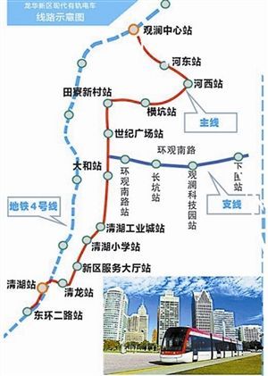 龙华现代有轨电车项目主线南起 4号线清湖站,北至观澜大道路口新澜站