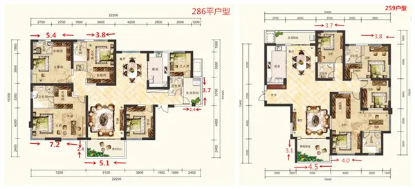 目前预推60号栋的185平,258平,285平三个大平层户型,258平为四室户型