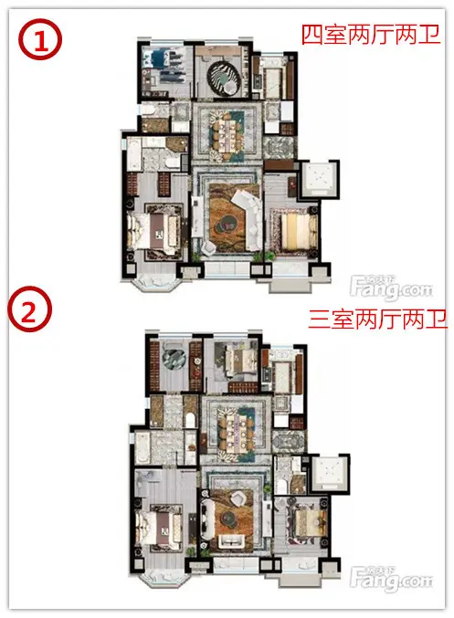 其中小高层户型有90平一梯两户的三室两厅一卫的产品,洋房有120平四室