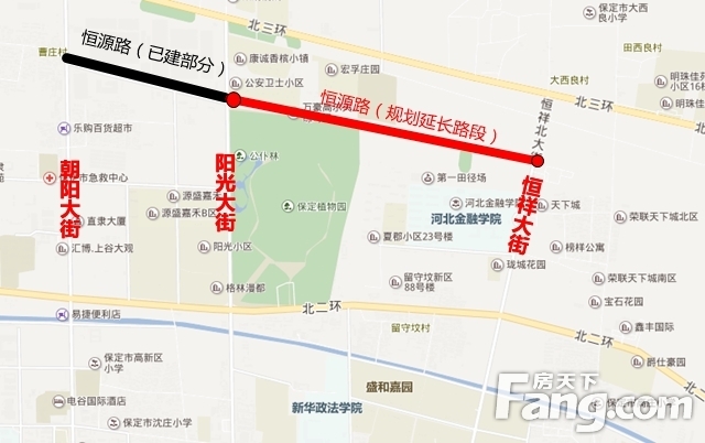 恒源路(阳光大街至恒祥大街)路段,绕过保定植物园,经过河北金融学院