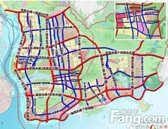 惠城大道,东西主干道,百东大道,沿海大通道组成的"五横"道路骨干网