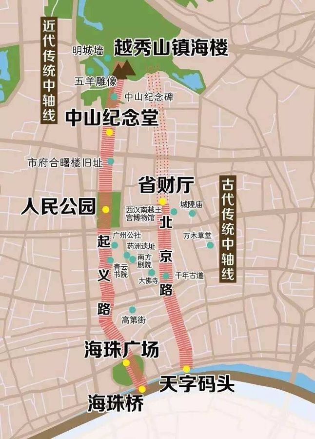 以北京路为传统文化之心,放眼古老中轴线,我们还可以从越秀山,镇海楼