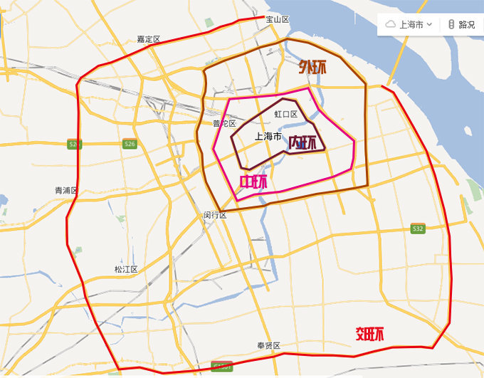 上海有四环,由外到内分别是郊环线(a30,外环线s20,中环线和内环高架