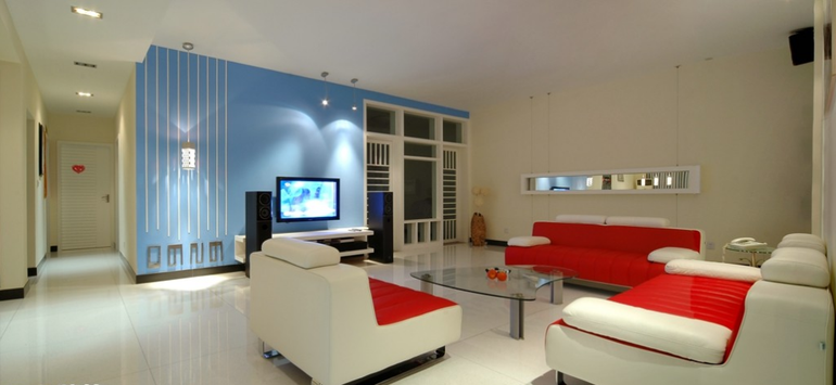 蓝色电视背景墙清晰护眼 130平2居室现代简约装修