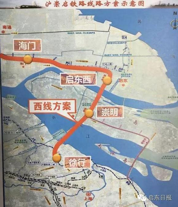 沪崇启铁路线路方案示意图 (图片来源:启动日报)