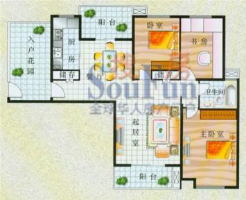 山水康桥户型图e1户型 3室2厅1卫1厨