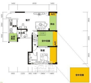 昕晖莫比时代户型图2/3-2a 1室2厅2卫1厨