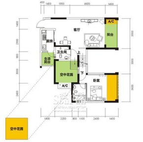 昕晖莫比时代户型图2/3-2b 1室2厅2卫1厨