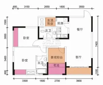 东原锦悦户型图a户型 2室2厅1卫1厨