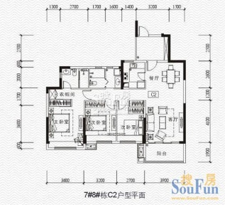 万科金域蓝湾户型图7#8#栋c2户型图 3室2厅2卫