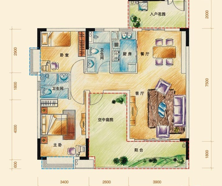 鹏达御西湖户型b户型 2室2厅2卫