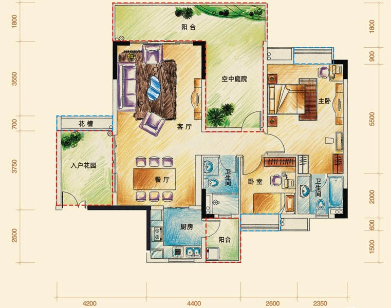 鹏达御西湖户型d户型 2室2厅2卫