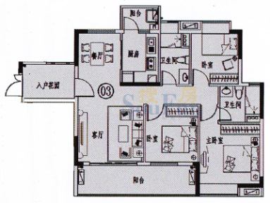 增城时代倾城户型图1期1,8幢2-12层标准层03单元 3室2厅2卫1厨