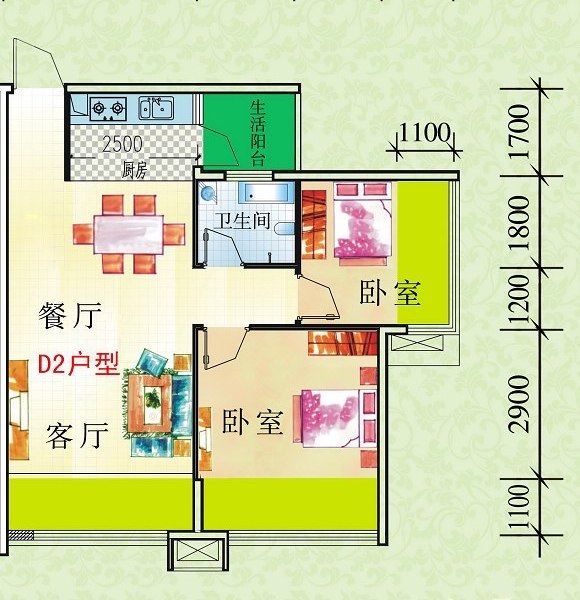 凤岭春天户型23#,25#楼d2户型 2室2厅1卫1厨