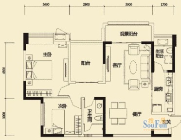 中海锦城户型图一期2,3,4号楼b户型 2室2厅1卫1厨