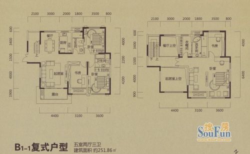 中祥玖珑湾户型图2#b1-1复式户型5室2厅3卫1厨