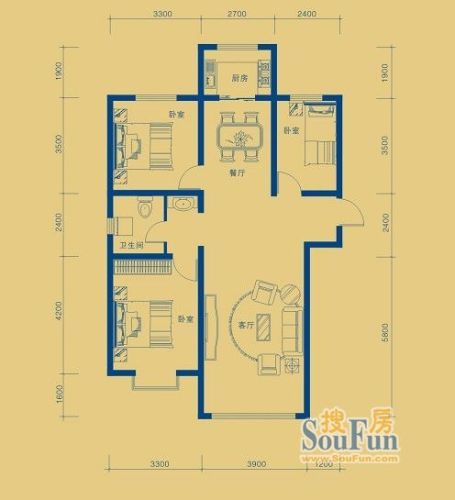 腾飞麒马山庄户型图户型图 3室2厅1卫103㎡3室2厅1卫