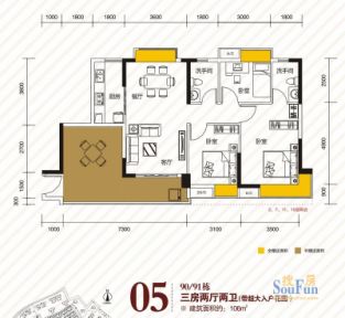 江南第一城90,91栋标准层05户型 3室2厅2卫1厨