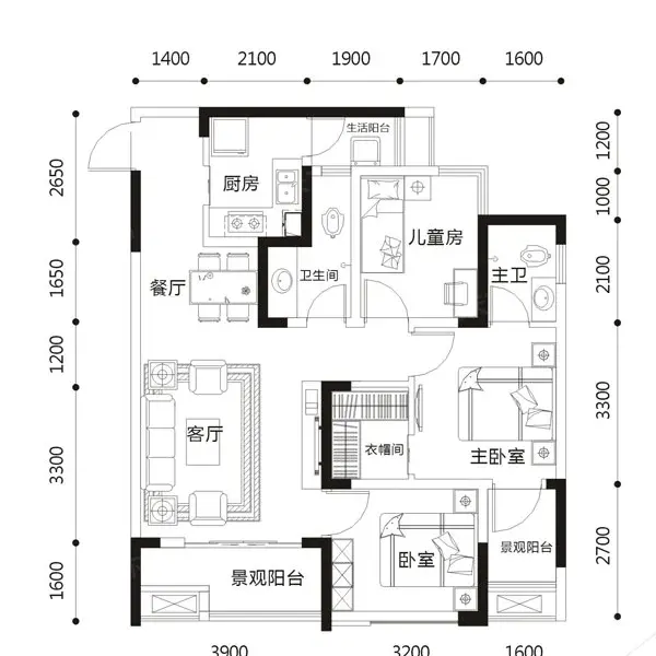 汇东星城户型2b/2c-01户型 3室2厅2卫1厨