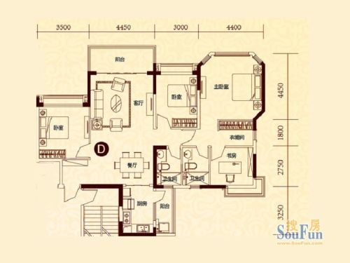 恒大绿洲户型图26号楼一单元d户型4室2厅2卫1厨