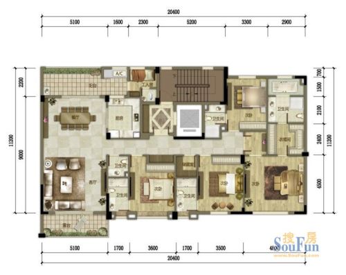 万科紫台户型图13,18,20栋标准层220平户型5室2厅6卫1厨