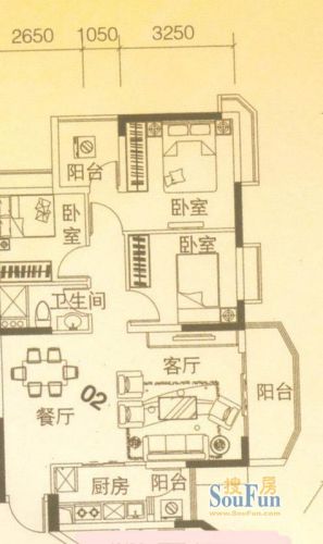 上林苑户型图22栋2座02单位3室2厅1卫1厨