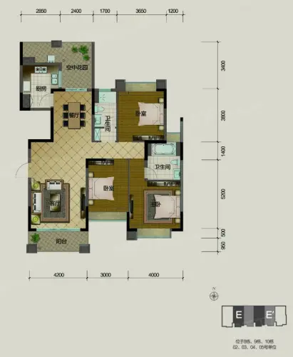 锦绣香江户型图8,9,10栋02-05房e户型3室2厅2卫1厨